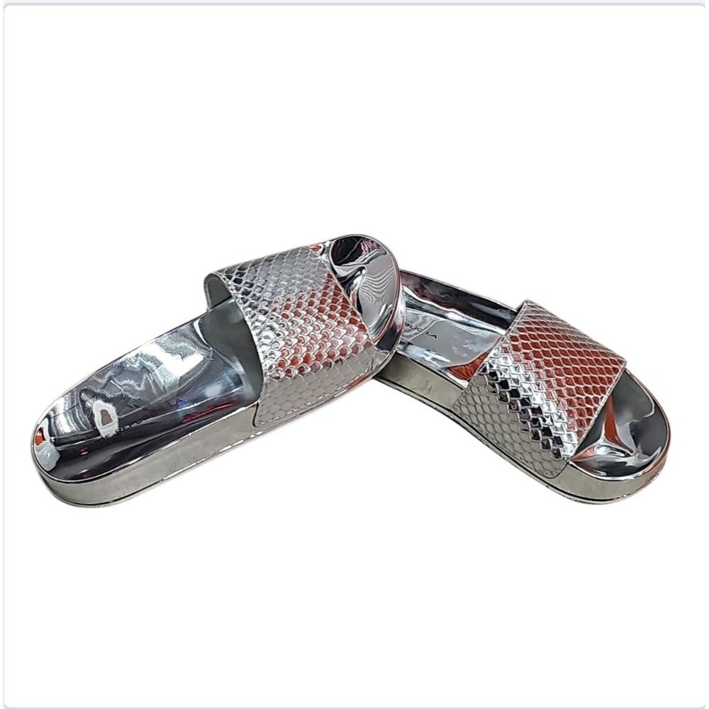 Metallic Silver Open-Toe Slide Sandals With Textured Upper & Clear Rubber Soles - Picture 5 of 6